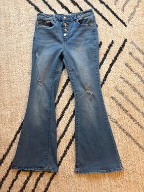 Jessica Simpson Medium Blue High-Rise Flare Jeans with Button Fly